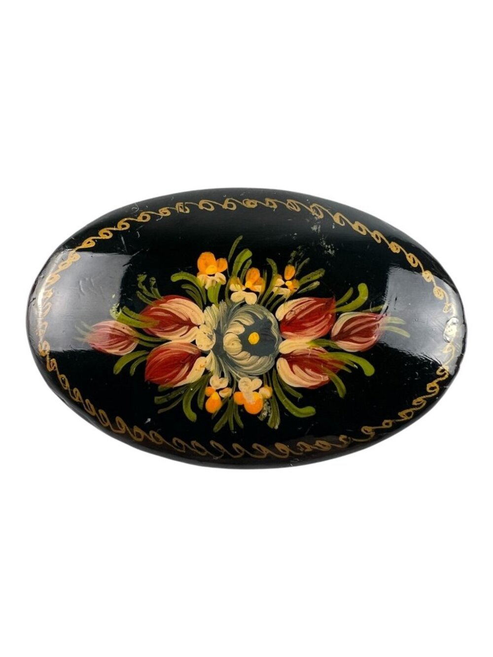 Vintage Russian Romantic Boho Black Lacquer Hand-Painted Floral Oval Brooch Pin